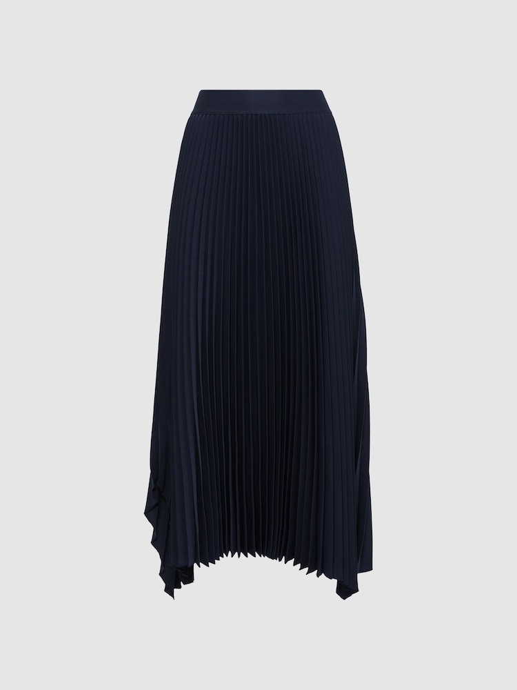 Reiss Navy Jodie Pleated Asymmetric Midi Skirt - Image 2 of 4