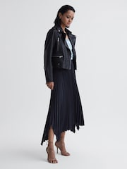 Reiss Navy Jodie Pleated Asymmetric Midi Skirt - Image 4 of 4