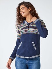 Roman Blue Nordic Print Hooded Jumper - Image 1 of 6
