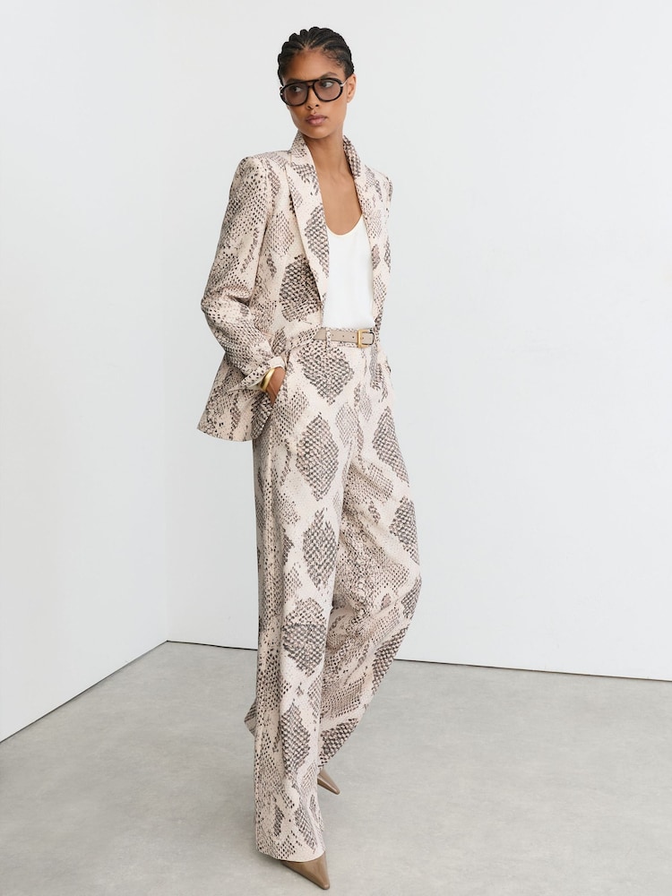 Reiss Ivory/Grey Elyna Snake-Print Flared-Leg Trousers - Image 1 of 7 Reiss Ivory/Grey Elyna Snake-Print Flared-Leg Trousers - Image 1 of 7