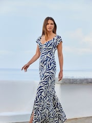 Sosandar Blue Shirred Detail Fit And Flare Dress - Image 1 of 5