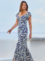 Sosandar Blue Shirred Detail Fit And Flare Dress - Image 2 of 5