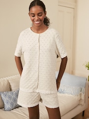 Laura Ashley Cream 100% Cotton Pointelle Lounge Button Through Top - Image 3 of 8