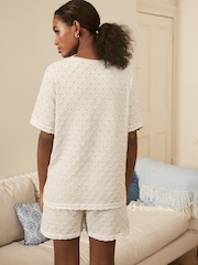 Laura Ashley Cream 100% Cotton Pointelle Lounge Button Through Top - Image 4 of 8