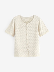Laura Ashley Cream 100% Cotton Pointelle Lounge Button Through Top - Image 7 of 8