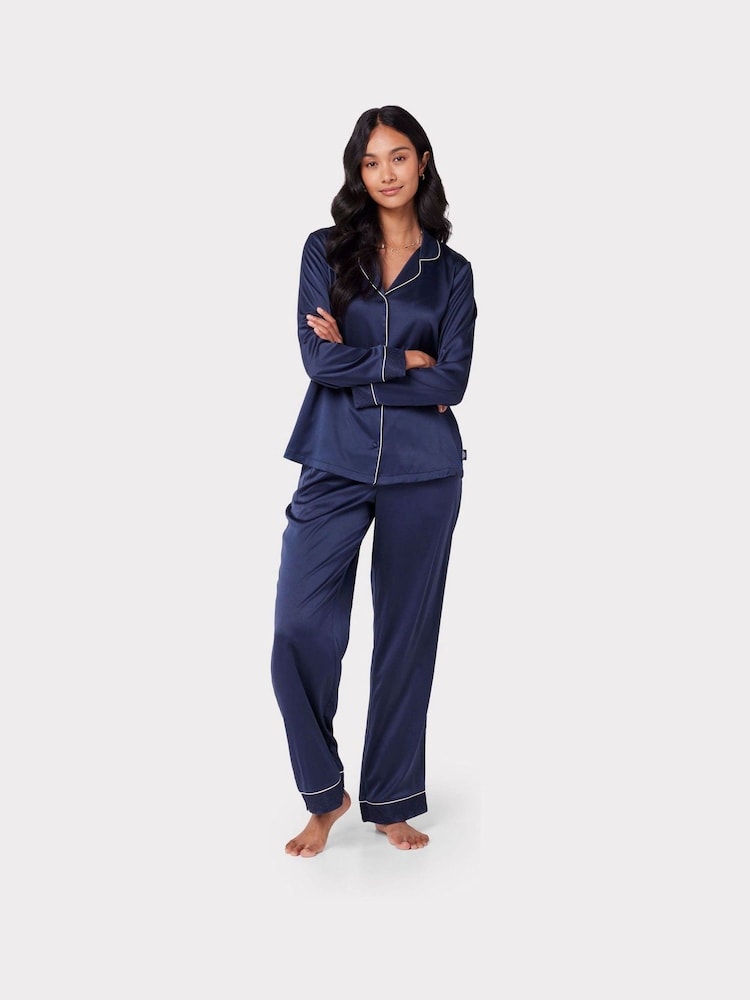 Chelsea Peers Blue Satin Bridal Lace Trim Long Pyjama Set - Image 1 of 5