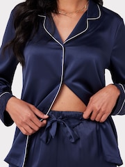 Chelsea Peers Blue Satin Bridal Lace Trim Long Pyjama Set - Image 3 of 5