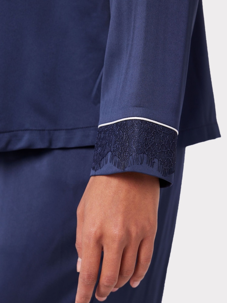 Chelsea Peers Blue Satin Bridal Lace Trim Long Pyjama Set - Image 5 of 5