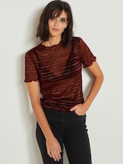 Red Sheer Metallic Sparkle Short Sleeve T-Shirt - Image 1 of 5