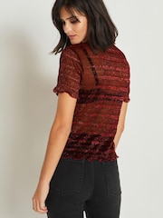 Red Sheer Metallic Sparkle Short Sleeve T-Shirt - Image 3 of 5