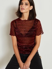 Red Sheer Metallic Sparkle Short Sleeve T-Shirt - Image 4 of 5