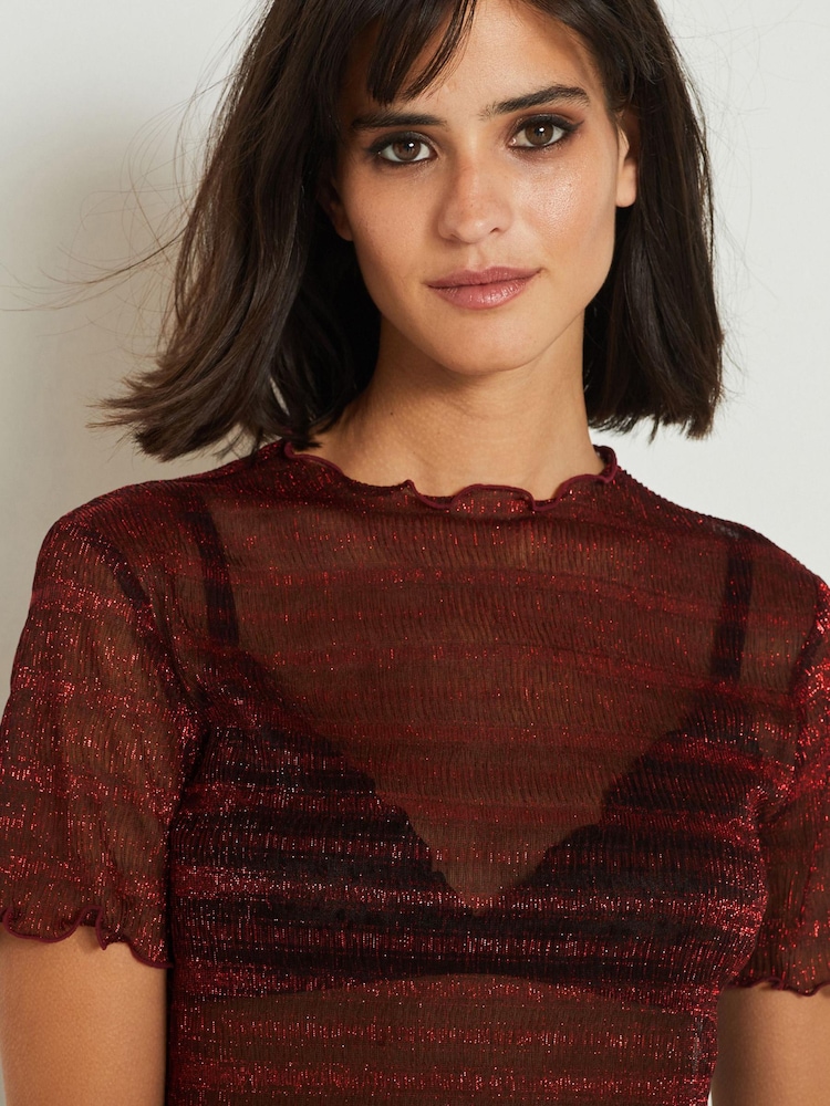 Red Sheer Metallic Sparkle Short Sleeve T-Shirt - Image 5 of 5