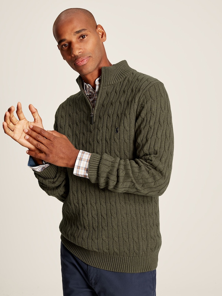 Joules Cable Knit Green Quarter Zip Jumper - Image 1 of 1 Joules Cable Knit Green Quarter Zip Jumper - Image 1 of 1