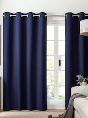 Blue Navy Lined Cotton Eyelet Curtains - Image 1 of 8