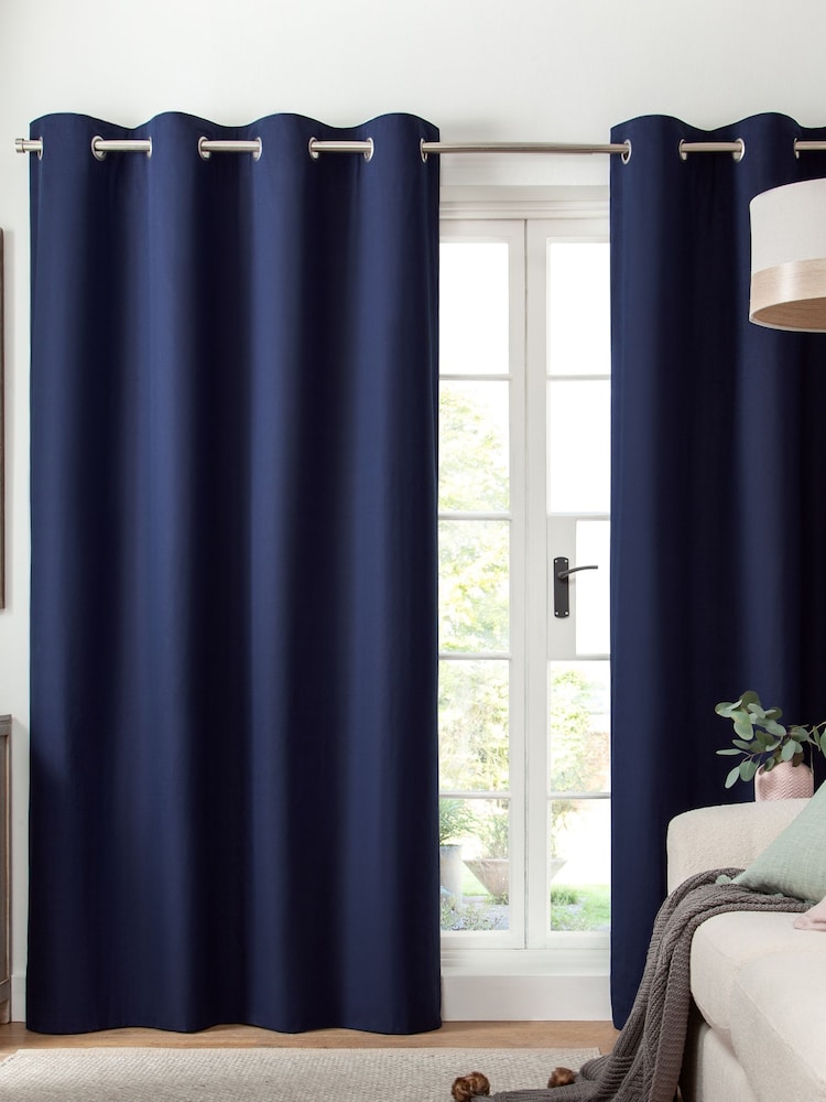 Blue Navy Lined Cotton Eyelet Curtains - Image 1 of 8