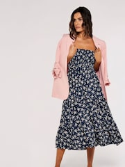 Marineblau/Bunt - Apricot Midikleid mit Orchideen-Print und gesmoktem Oberteil - Bild 1 von 5