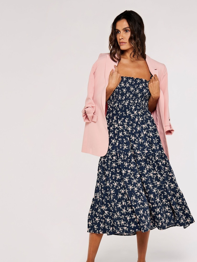 Marineblau/Bunt - Apricot Midikleid mit Orchideen-Print und gesmoktem Oberteil - Bild 1 von 5