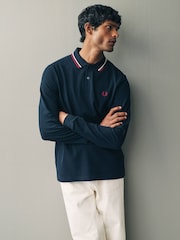 Marineblau/Weiß/Burnt Red - Fred Perry Langärmeliges Poloshirt mit doppelten Zierstreifen - Bild 1 von 4