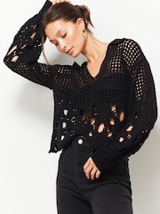 Black Polo Neck Long Sleeve Crochet Scalloped Detail Jumper - Image 1 of 6