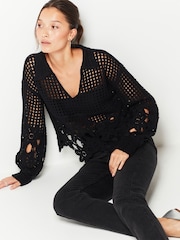 Black Polo Neck Long Sleeve Crochet Scalloped Detail Jumper - Image 3 of 6