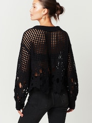 Black Polo Neck Long Sleeve Crochet Scalloped Detail Jumper - Image 4 of 6
