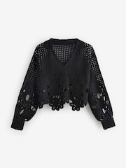 Black Polo Neck Long Sleeve Crochet Scalloped Detail Jumper - Image 5 of 6