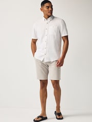 White Standard Collar Cotton Linen Blend Short Sleeve Shirt - Image 2 of 7