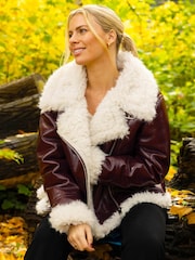 Roman Red Contrast Leather Aviator Coat - Image 2 of 4