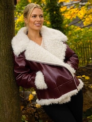 Roman Red Contrast Leather Aviator Coat - Image 3 of 4