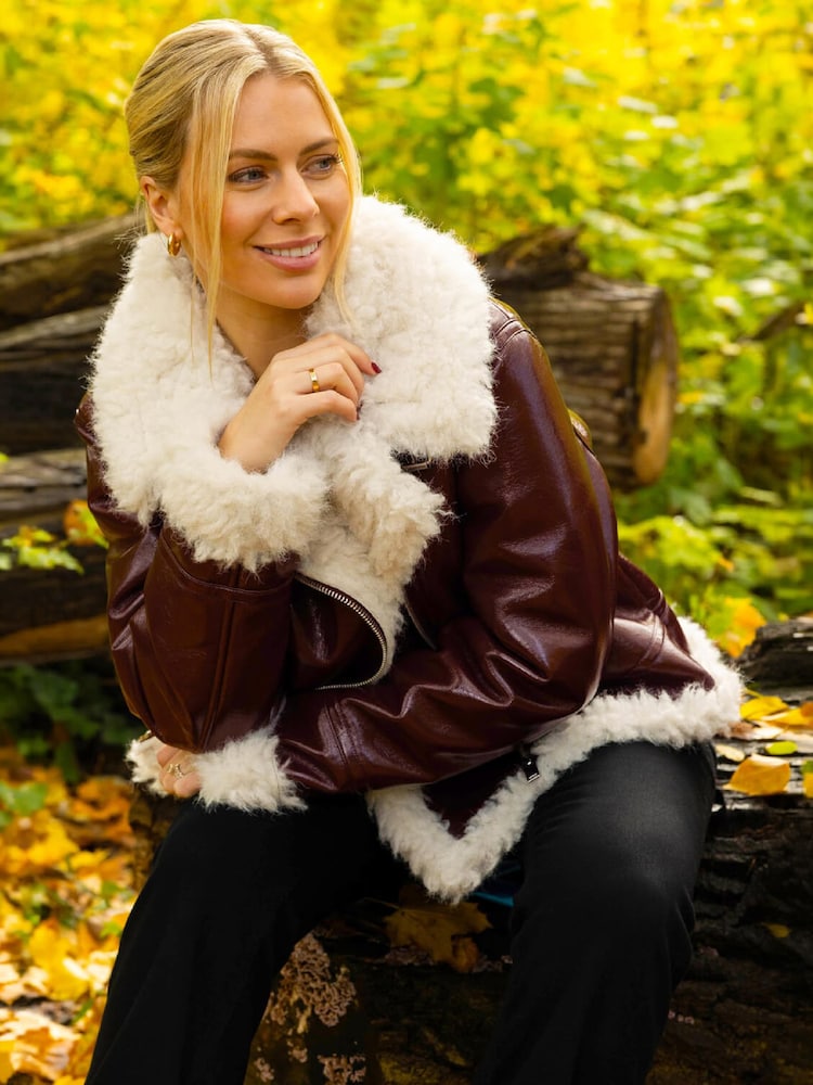 Roman Red Contrast Leather Aviator Coat - Image 4 of 4