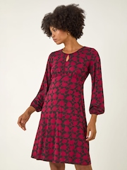 Roman Red Abstract Print Key Hole Stretch Dress - Image 1 of 5