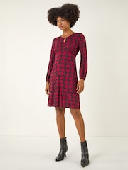 Roman Red Abstract Print Key Hole Stretch Dress - Image 2 of 5