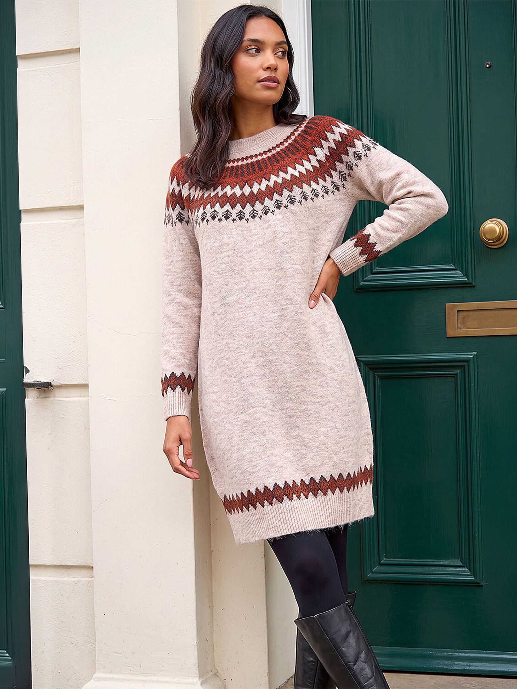 Roman Women's Soft Knit Fairisle Jumper Dress in Beige | Size: 18 - Image 5