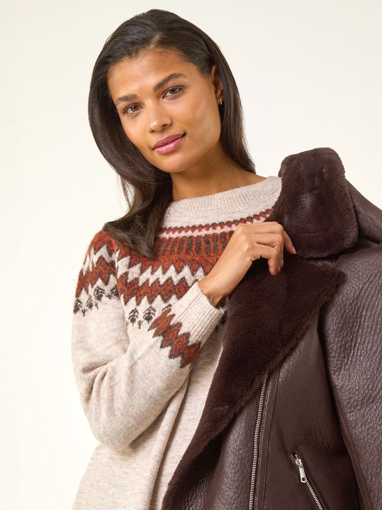Roman Brown Soft Knit Fairisle Jumper Dress - Image 1 of 5