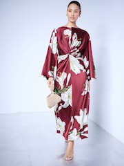 Kew Collection Burgundy Red Floral Print Twist Front Long Sleeve Satin Maxi Dress - Image 1 of 4