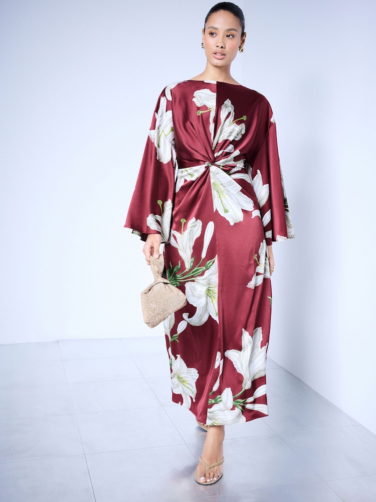 Kew Collection Burgundy Red Floral Print Twist Front Long Sleeve Satin Maxi Dress - Image 1 of 4 Kew Collection Burgundy Red Floral Print Twist Front Long Sleeve Satin Maxi Dress - Image 1 of 4