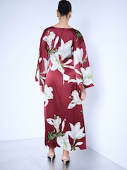 Kew Collection Burgundy Red Floral Print Twist Front Long Sleeve Satin Maxi Dress - Image 3 of 4