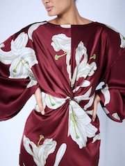 Kew Collection Burgundy Red Floral Print Twist Front Long Sleeve Satin Maxi Dress - Image 4 of 4