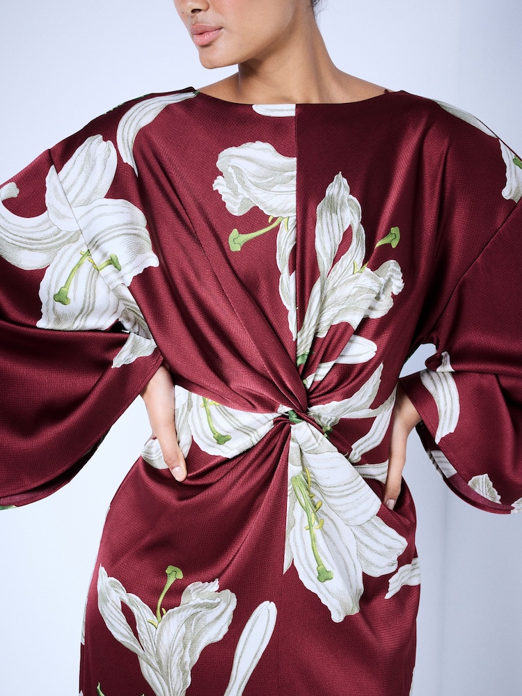 Kew Collection Burgundy Red Floral Print Twist Front Long Sleeve Satin Maxi Dress - Image 4 of 4 Kew Collection Burgundy Red Floral Print Twist Front Long Sleeve Satin Maxi Dress - Image 4 of 4