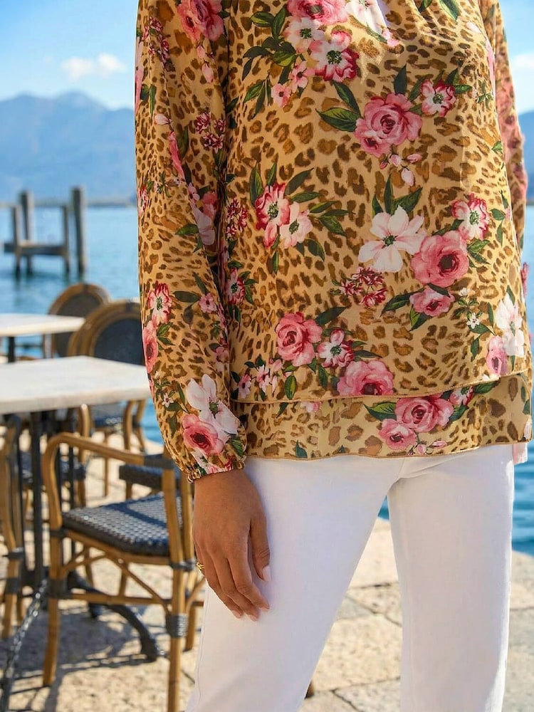 Roman Brown Animal Floral Print Tunic Top - Image 4 of 4