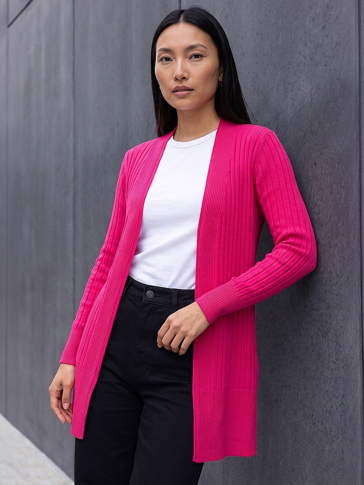 Roman Pink Longline Stretch Ribbed Cardigan - Image 1 of 4 Roman Pink Longline Stretch Ribbed Cardigan - Image 1 of 4