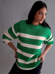 Green and Ecru Cream Stitch Detail Stripe Long Sleeve Jumper - Image 1 of 8