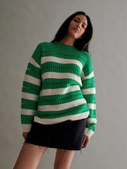 Green and Ecru Cream Stitch Detail Stripe Long Sleeve Jumper - Image 2 of 8