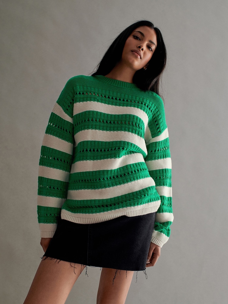 Green and Ecru Cream Stitch Detail Stripe Long Sleeve Jumper - Image 2 of 8