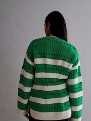 Green and Ecru Cream Stitch Detail Stripe Long Sleeve Jumper - Image 3 of 8