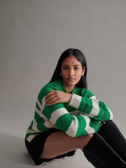 Green and Ecru Cream Stitch Detail Stripe Long Sleeve Jumper - Image 5 of 8