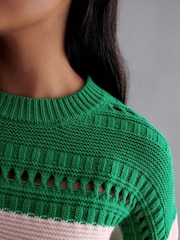 Green and Ecru Cream Stitch Detail Stripe Long Sleeve Jumper - Image 6 of 8