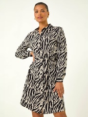 Roman Black Animal Print Tie Waist Shirt Dress - Image 2 of 6