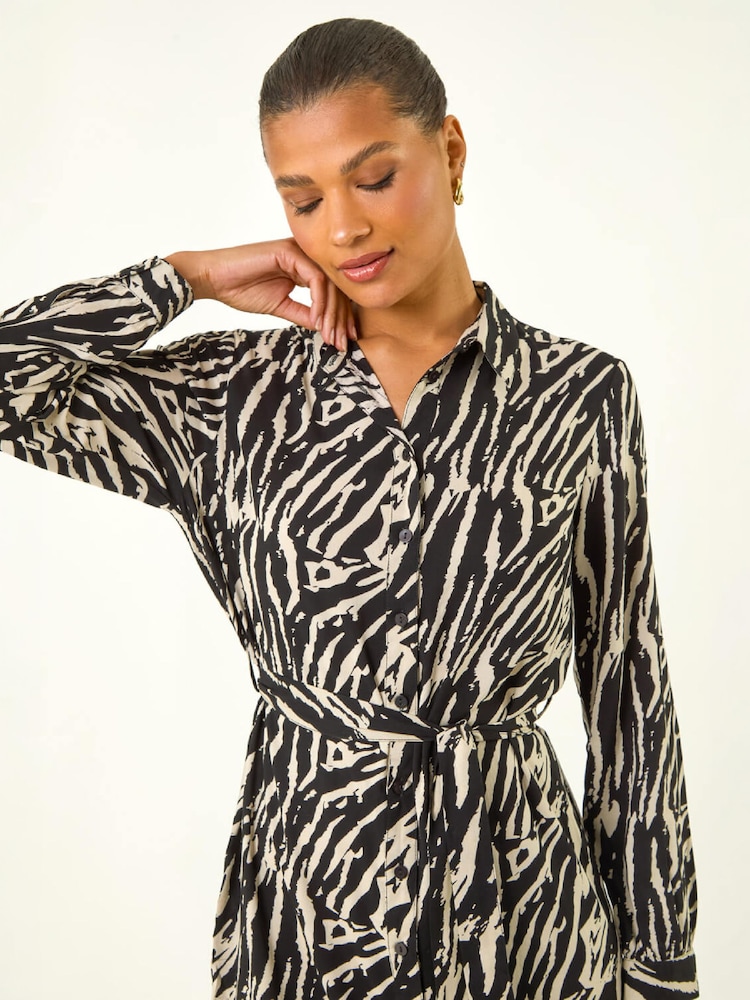 Roman Black Animal Print Tie Waist Shirt Dress - Image 6 of 6