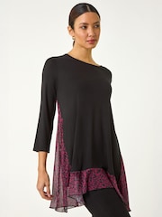 Roman Red Animal Print Contrast Mesh Hem Stretch Top - Image 1 of 5